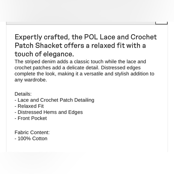 POL Lace & Crochet Patch Relaxed Fit Striped Denim Shacket, Size Medium - Picture 6 of 16